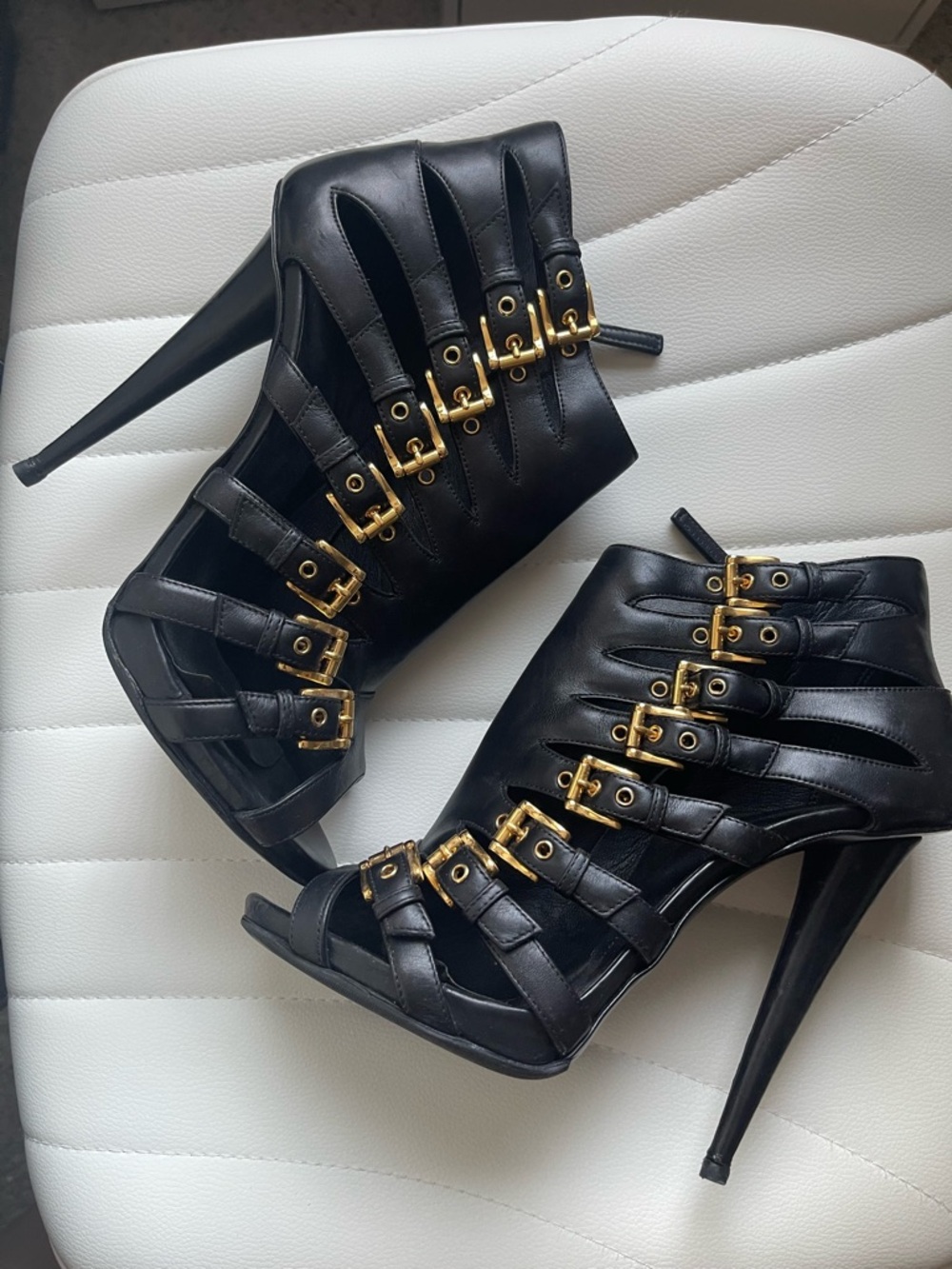 Giuseppe Zanotti Black Leather Strappy Stiletto with Gold Buckles